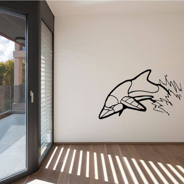 Cyborg robot dolphin splash decal in black line art with motion and splash lines