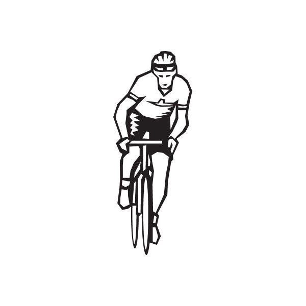 Cycling rider line-art decal, black and white pedal-forward pose