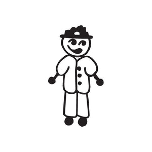 Doctor dad decal of a smiling cartoon figure in a hat and white coat, black and white.