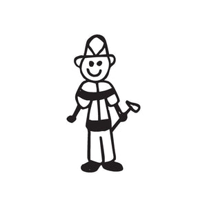 Firefighter dad decal, black-and-white cartoon figure holding hose