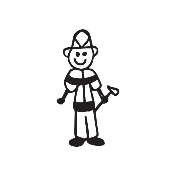 Firefighter dad decal, black-and-white cartoon figure holding hose