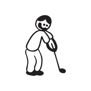 Golfing dad decal, black-and-white cartoon figure holding a club