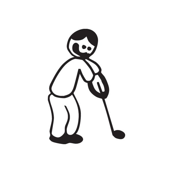 Golfing dad decal, black-and-white cartoon figure holding a club