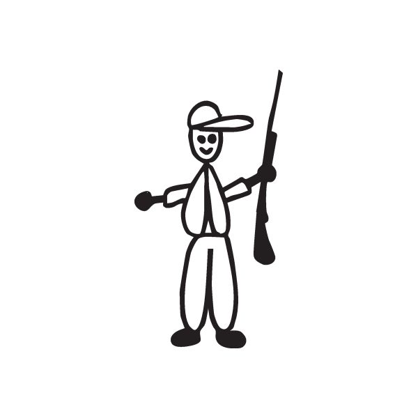 Cartoon hunting gun decal of a man holding a rifle, black outline.
