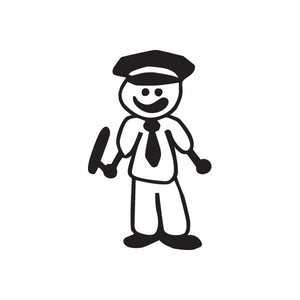 Police officer cartoon decal with cap, tie, and smiling face; standing figure