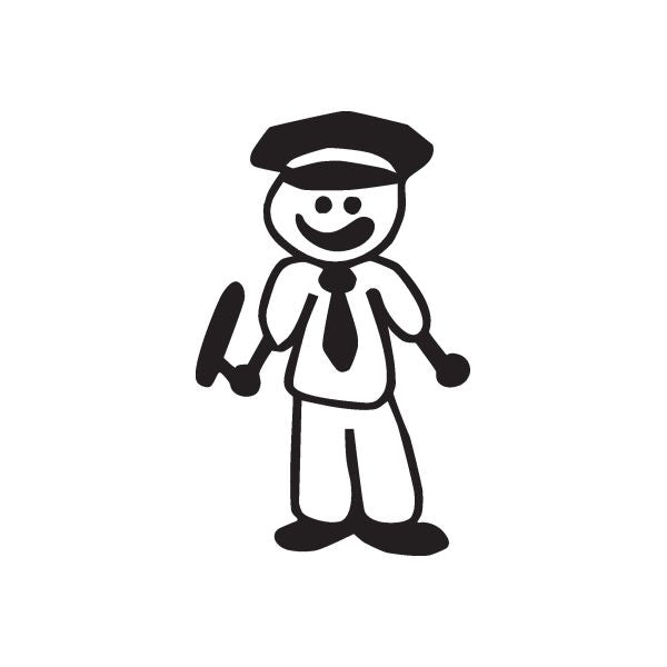 Police officer cartoon decal with cap, tie, and smiling face; standing figure