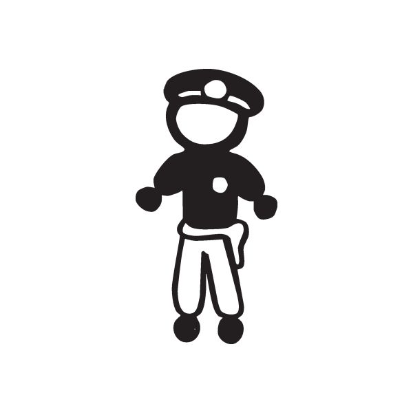 Policeman no-face decal, black cartoon figure with hat and open hands