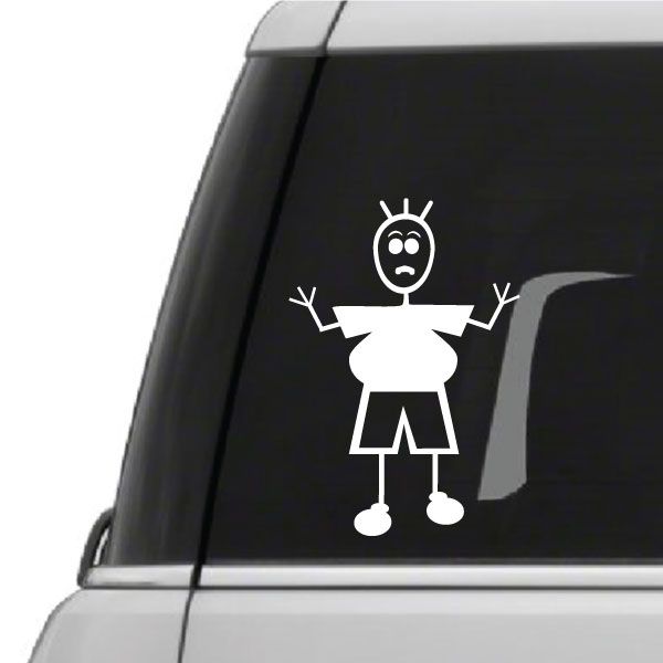 White dad character worried face decal on dark car window