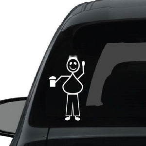 White dad character decal holding a beer glass on a car window