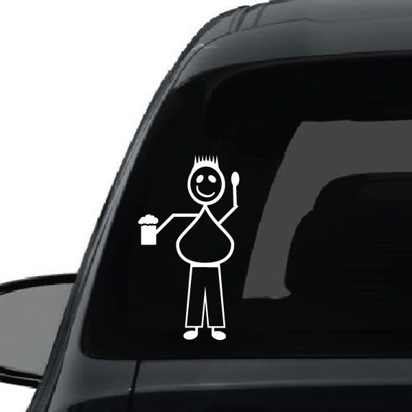 White dad character decal holding a beer glass on a car window