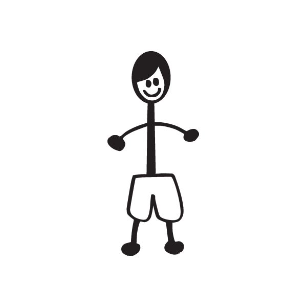 Smiling black stick-figure decal of a man in shorts with arms out.