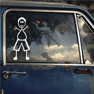 Dad waving both arms decal, white cartoon man with open hands on car window