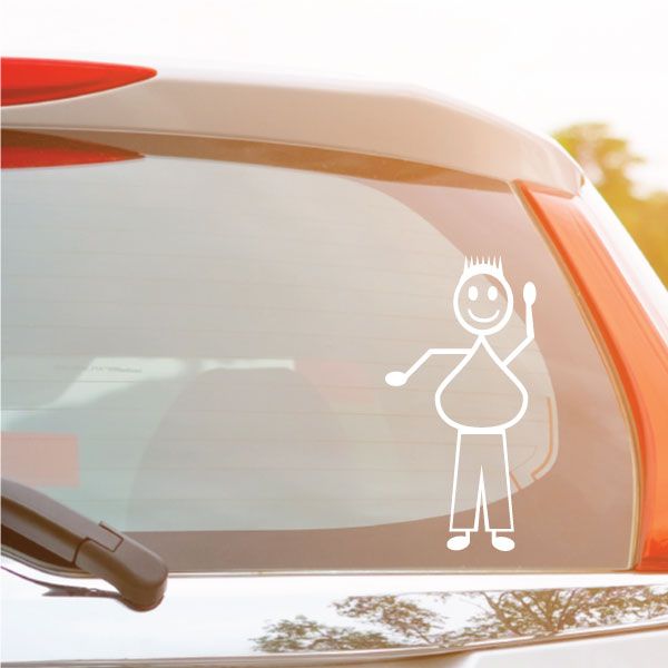 Waving dad decal in white line art on car window