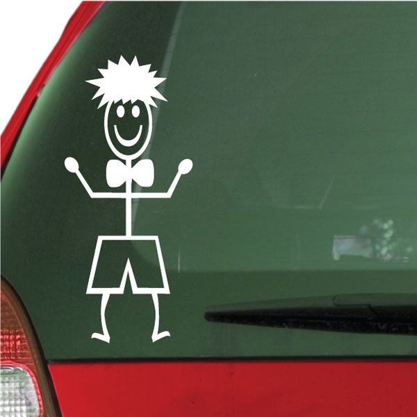 White cartoon dad bowtie decal with arms out, for car window