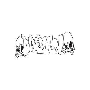 Graffiti-style daemon decal with bold block letters and skull faces, black outline on white.