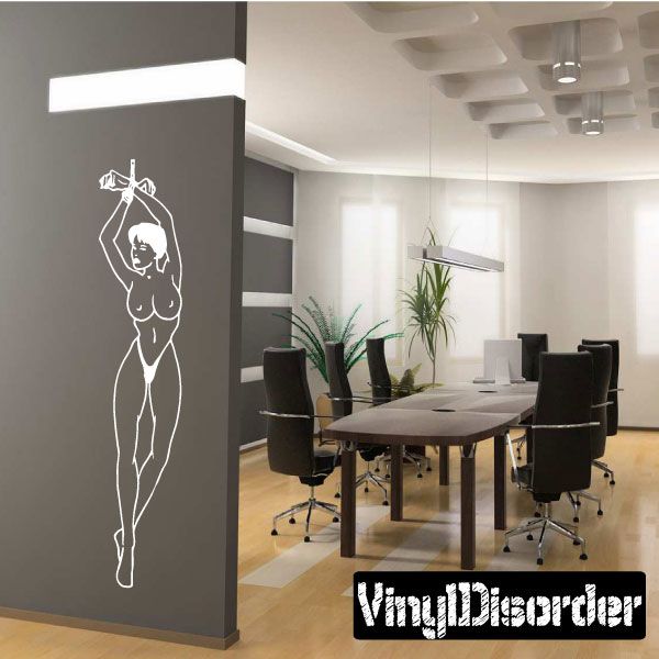 Damsel with Hands Tied wall decal with white line-art female figure