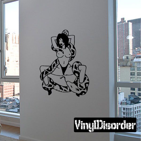 Snake decal with black line-art woman and coiled snake on light background