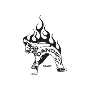 Dance graffiti decal with black-and-white dancer and flame graphics