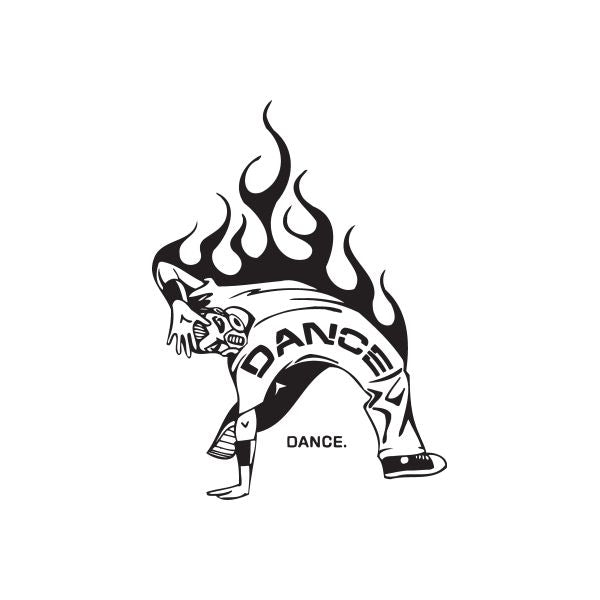 Dance graffiti decal with black-and-white dancer and flame graphics