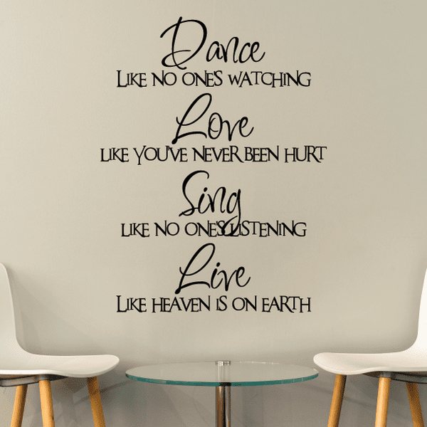 Motivational wall decal sticker with black cursive words: Dance, Love, Sing, Live