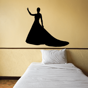 Bride dance pose silhouette wall decal, black figure with flowing dress skirt