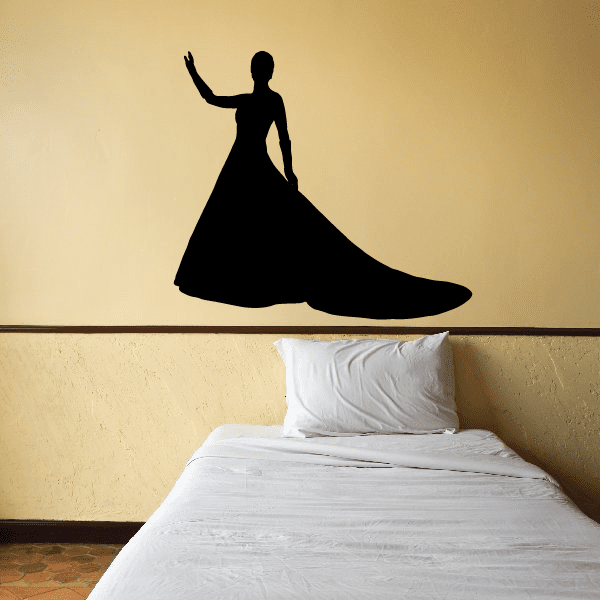 Bride dance pose silhouette wall decal, black figure with flowing dress skirt