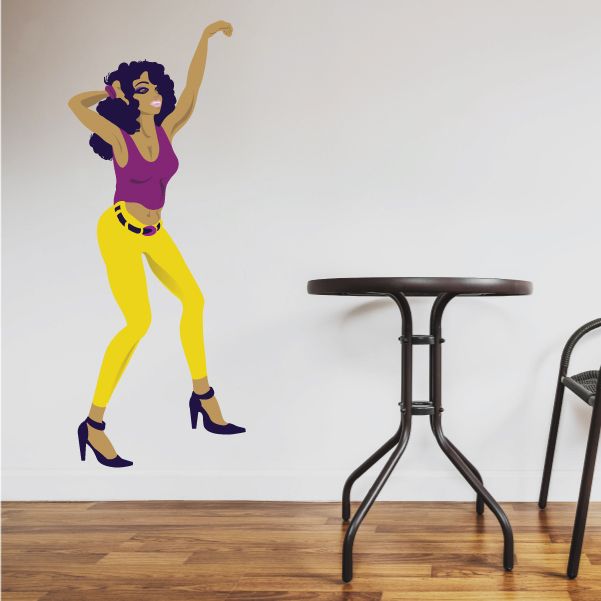 Dancing girl sticker showing a woman in yellow pants, purple top, blue heels