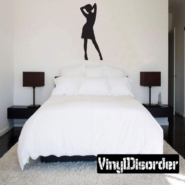 Dancing woman dress silhouette wall decal, black figure posing with one arm up