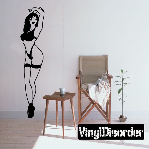 Dancing lingerie woman wall decal, black silhouette of a standing pose.