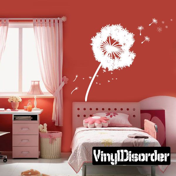 Dandelion wall decal set with white dandelion and blowing seed fragments