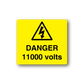 Electrical danger 11000 volts sticker with warning triangle and black text