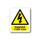 Danger 11000 volts sticker with yellow warning triangle and black text
