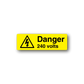 Yellow electrical warning sticker with lightning triangle and 'Danger 240 volts' text