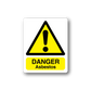 Rectangular danger asbestos warning sticker with yellow triangle and 'DANGER Asbestos' text.