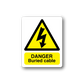 Warning sticker reading DANGER Buried cable with yellow hazard triangle