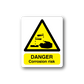 Corrosion risk danger sticker with yellow warning triangle and black text