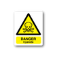 Danger cyanide sticker: yellow hazard triangle with skull and 'DANGER Cyanide'.