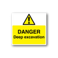 Warning hazard sticker with yellow triangle and text “Danger Deep excavation”