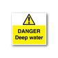 Danger deep water warning sticker, yellow with hazard triangle and black “DANGER” text