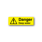 Warning sticker with “Danger Deep water” text on yellow background