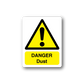 Danger dust sign sticker, yellow hazard triangle with exclamation and DANGER Dust text