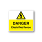 Danger electrified fence warning sticker with yellow sign, black triangle and bolt, DANGER text