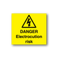 Danger electrocution risk sticker, yellow with warning triangle and black text.