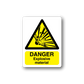 Danger explosive material warning sticker with yellow triangle hazard symbol and text