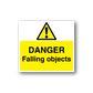 Warning danger falling objects sticker with yellow background, black text, and warning triangle