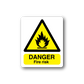 Fire risk warning sticker with yellow triangle and flame, text DANGER, Fire risk