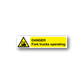 Danger warning sticker for fork trucks operating, yellow with black triangle icon and text