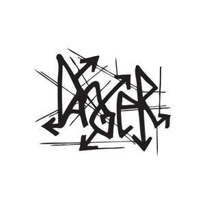 Graffiti decal with bold black, layered lettering