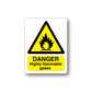 Warning sticker with yellow triangle flame and text 'DANGER Highly flammable gases'