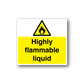 Highly flammable liquid warning sticker with flame hazard triangle and bold text